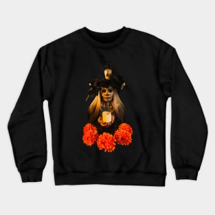 Sugar skull lady with candle and flowers Crewneck Sweatshirt